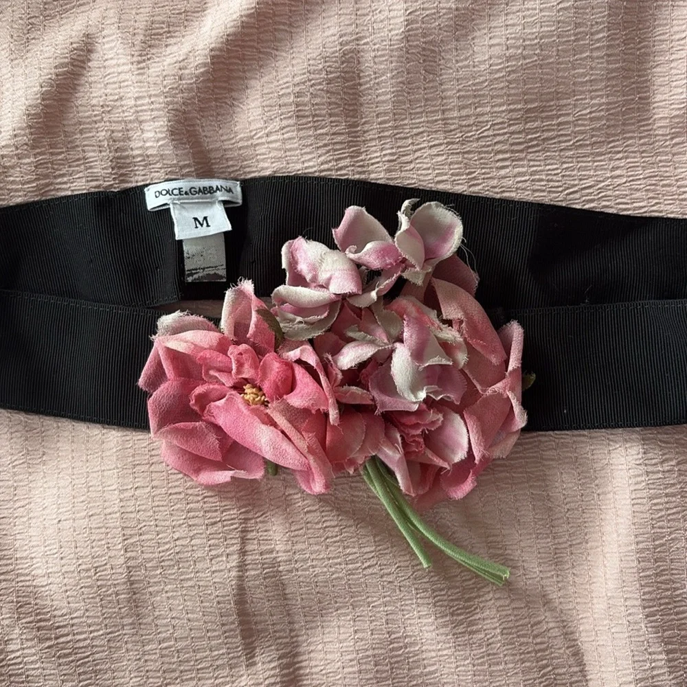 Elegant Black Belt with Pink Floral Accent